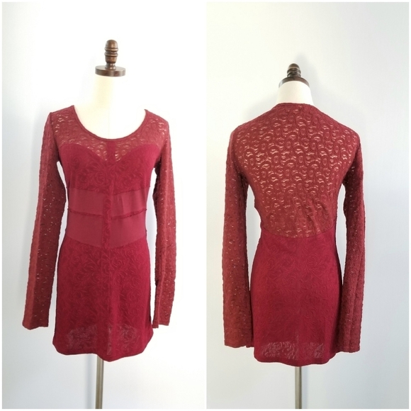 Free People Red/Burgandy Long Sleeve Mini Coctail Party Evening Dress, L - Picture 1 of 10